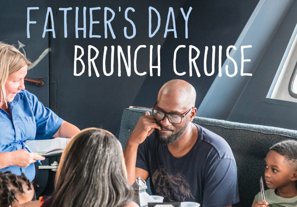 Father's Day Brunch Cruise wording above a family getting their order taken by a server.