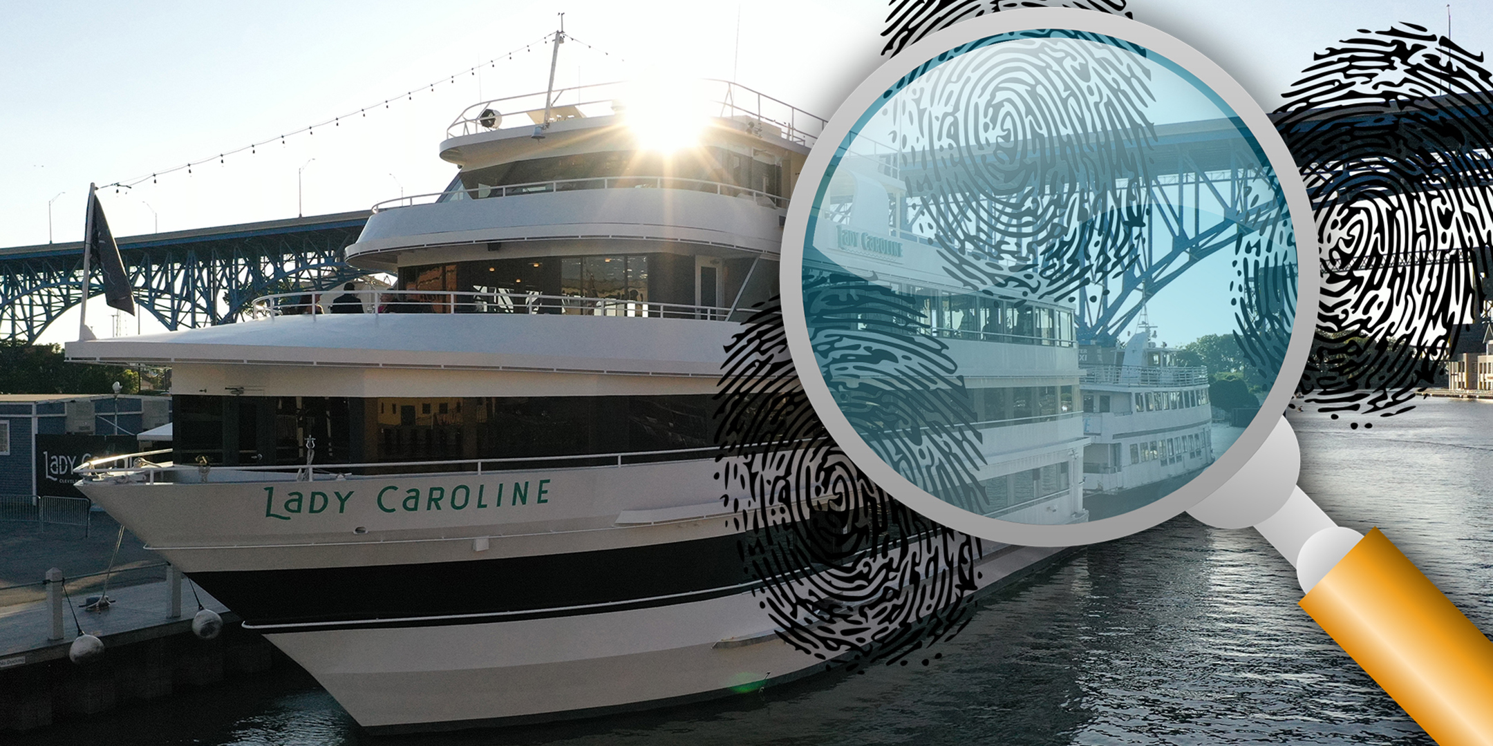 A spy glass laid overtop Lady Caroline Dining Cruise Ship in Cleveland.