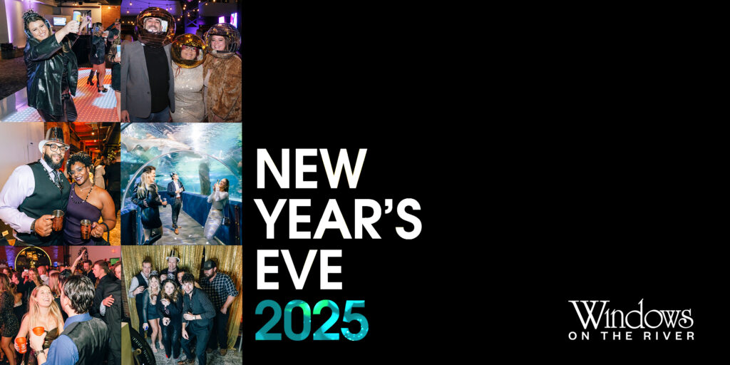 New Year's Eve 2025 graphic showing people partying at Windows On The River.