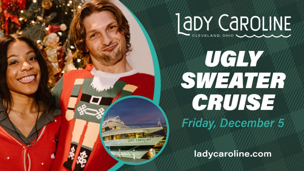 Photos of people in ugly holiday sweaters and a small image of Lady Caroline Cruise Ship