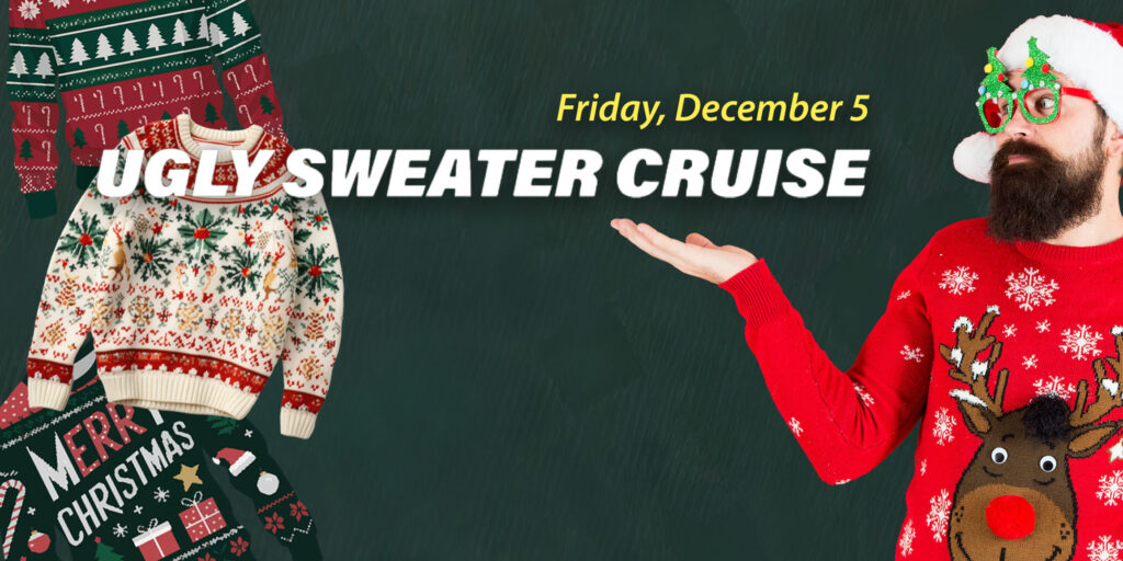 Man in ugly holiday sweater, santa hat and christmas tree glasses